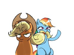 Size: 900x675 | Tagged: safe, artist:puri__kyua, applejack, rainbow dash, earth pony, pegasus, pony, g4, angry, applejack is not amused, beard, cross-popping veins, cute, facial hair, female, funny, i moustache you a question, mare, silly, simple background, this will end in pain, this will not end well, unamused, white background