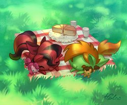 Size: 1378x1146 | Tagged: safe, artist:holivi, cheese sandwich, pinkie pie, oc, earth pony, pony, g4, bow, chibi, commission, food, picnic, picnic blanket, pie, plushie