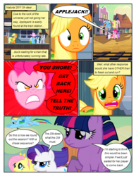 Size: 612x792 | Tagged: safe, artist:newbiespud, edit, edited screencap, screencap, applejack, fluttershy, linky, lucky clover, pinkie pie, rainbow dash, rarity, shady daze, shoeshine, twilight sparkle, earth pony, pegasus, pony, unicorn, comic:friendship is dragons, g4, the last roundup, alternate eye color, angry, background pony, building, caught, comic, cowboy hat, dialogue, female, flying, frown, hat, looking back, male, mane six, mare, running, screencap comic, shocked, stallion, stetson, surprised, train station, train tracks, unicorn twilight, worried
