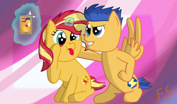 Size: 898x528 | Tagged: safe, artist:fskindness, flash sentry, sunset shimmer, pony, g4, akanbe, female, male, phone, ponified, selfie, ship:flashimmer, shipping, straight