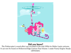 Size: 1024x768 | Tagged: safe, edit, edited screencap, screencap, pinkie pie, pony, g4, griffon the brush off, female, pedal, pedalcopter, pedaling, pinkiecopter, random fact, solo, sound effects, trivia