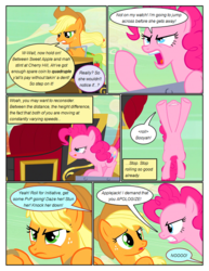 Size: 612x792 | Tagged: safe, artist:newbiespud, edit, edited screencap, screencap, applejack, pinkie pie, earth pony, pony, comic:friendship is dragons, g4, the last roundup, angry, carriage, comic, dialogue, female, freckles, frown, hat, implied rainbow dash, implied rarity, jumping, licking, licking lips, looking up, mare, pounce, screencap comic, tongue out