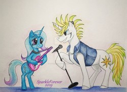 Size: 1049x761 | Tagged: safe, artist:sparkleforever, prince blueblood, trixie, g4, electric guitar, female, guitar, male, meta, microphone, musical instrument, punk, ship:bluetrix, shipping, straight, traditional art