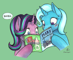 Size: 2620x2136 | Tagged: safe, artist:helicityponi, starlight glimmer, trixie, oc, oc:helicity, pony, unicorn, g4, blushing, dialogue, duo, female, green background, high res, implied lesbian, implied porn, magazine, mare, pinup magazine, reading, simple background, traditional art