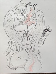 Size: 3492x4656 | Tagged: safe, artist:skuttz, oc, oc only, oc:masquerade, pegasus, anthro, clothes, dress, female, mask, sketch, solo, traditional art
