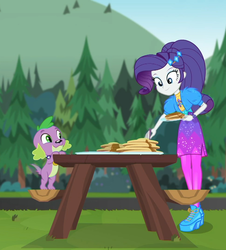 Size: 975x1080 | Tagged: safe, screencap, rarity, spike, spike the regular dog, dog, equestria girls, equestria girls series, g4, wake up!, spoiler:choose your own ending (season 2), spoiler:eqg series (season 2), breakfast, cropped, cute, female, food, fork, geode of shielding, high heels, magical geodes, male, music festival outfit, outdoors, pancakes, picnic table, plate, shoes, spikabetes, syrup, table, wake up!: applejack