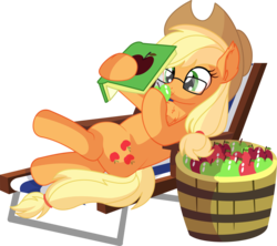 Size: 6830x6072 | Tagged: safe, artist:cyanlightning, applejack, earth pony, pony, g4, .svg available, absurd resolution, apple, applejack's hat, beach chair, book, chair, chest fluff, cowboy hat, crossed legs, cute, cutie mark, ear fluff, female, glasses, hat, jackabetes, mare, on back, ponytail, reading, reading glasses, reclining, relaxing, simple background, smiling, solo, stetson, that pony sure does love apples, tied tail, transparent background, vector