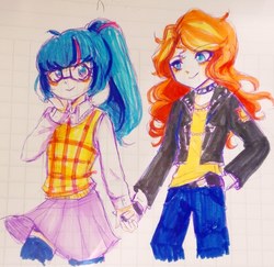 Size: 1280x1246 | Tagged: safe, artist:millarazzz, sci-twi, sunset shimmer, twilight sparkle, human, equestria girls, g4, female, graph paper, human coloration, humanized, lesbian, ship:sci-twishimmer, ship:sunsetsparkle, shipping, traditional art