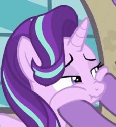 Size: 329x359 | Tagged: safe, screencap, firelight, starlight glimmer, pony, unicorn, g4, season 8, the parent map, animated, annoyed, cheek squish, cropped, female, frown, gif, male, mare, offscreen character, scrunchy face, sire's hollow, solo focus, squishy cheeks, stallion, starlight glimmer is not amused, unamused