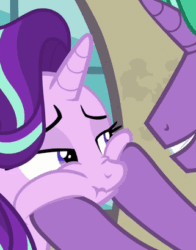 Size: 321x409 | Tagged: safe, screencap, firelight, starlight glimmer, pony, unicorn, g4, season 8, the parent map, animated, annoyed, cropped, female, floppy ears, frown, gif, hooves on face, male, mare, offscreen character, scrunchy face, sire's hollow, solo focus, squishy cheeks, stallion, starlight glimmer is not amused, unamused