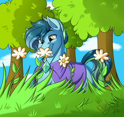 Size: 3500x3300 | Tagged: safe, artist:jack-pie, oc, oc only, earth pony, pony, clothes, commission, flower, grass, high res, male, scenery, smiling, sniffing, solo, stallion, tree