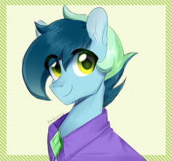 Size: 2001x1861 | Tagged: safe, artist:kaikururu, oc, oc only, oc:early solstice, pegasus, pony, abstract background, amulet, cape, clothes, jewelry, looking at you, male, pegasus oc, simple background, smiling, solo, stallion