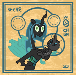 Size: 2000x1965 | Tagged: safe, artist:qazy, queen chrysalis, changeling, g4, circle, madonna and child, silly face, stylized, symbol
