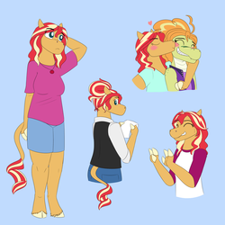 Size: 2250x2250 | Tagged: safe, artist:suchosophie, adagio dazzle, sunset shimmer, alligator, horse, reptile, anthro, equestria girls, g4, alternate universe, blushing, cheek kiss, clothes, cloven hooves, cute, dazzlegator, female, finger hooves, floating heart, freckles, geode of empathy, hair bun, heart, high res, interspecies, kissing, leonine tail, lesbian, magical geodes, messy hair, paper, ship:sunsagio, shipping, shirt, shorts, simple background, species swap, unshorn fetlocks