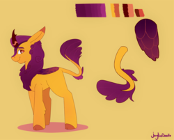Size: 5962x4799 | Tagged: safe, artist:jayliedoodle, oc, oc only, kirin, floppy ears, gift art, kirin oc, lidded eyes, looking at you, male, reference sheet, simple background, smiling, solo, stallion, yellow background