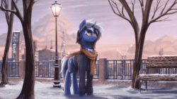 Size: 747x420 | Tagged: safe, artist:smowu, oc, oc:frostburn, pony, unicorn, animated, bench, cinemagraph, city, clothes, coat, male, scarf, snow, solo, standing, tree
