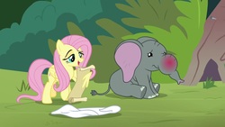 Size: 1920x1080 | Tagged: safe, screencap, angel bunny, fluttershy, muriel, elephant, pegasus, pony, g4, she talks to angel, baby, baby elephant, body swap, duo, female, folded wings, mare, not fluttershy, open mouth, raised eyebrow, raised hoof, red nosed, scroll, swelling, swollen, wing hands, wings
