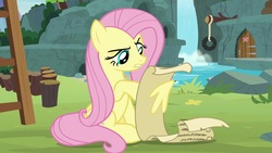 Size: 1920x1080 | Tagged: safe, screencap, angel bunny, fluttershy, pegasus, pony, g4, she talks to angel, body swap, checklist, female, mare, scroll, solo, wing hands, wing hold, wings