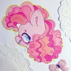 Size: 1080x1080 | Tagged: safe, artist:dollbunnie, pinkie pie, earth pony, pony, g4, abstract background, beanbrows, blushing, braces, bust, eyebrows, female, heart, looking at you, mare, profile, solo, stars, traditional art