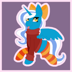 Size: 2000x2000 | Tagged: safe, artist:kalimoo-art, oc, oc:fleurbelle, alicorn, pony, :p, adorabelle, alicorn oc, autumn, bow, clothes, cute, female, hair bow, high res, mare, ocbetes, socks, striped socks, sweater, thigh highs, tongue out, yellow eyes