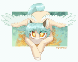 Size: 900x720 | Tagged: safe, artist:helemaranth, oc, oc only, oc:impossible pattern, pegasus, pony, rcf community, animated, cute, ear flick, eye clipping through hair, eyebrows, eyebrows visible through hair, female, gif, looking at you, mare, ocbetes, prone, solo, starry eyes, tail wag, two toned wings, wingding eyes, wings