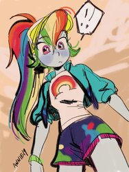 Size: 1536x2048 | Tagged: safe, artist:nounoo_u, rainbow dash, accountibilibuddies, equestria girls, g4, my little pony equestria girls: better together, clothes, cute, dashabetes, exclamation point, female, looking down at you, shirt, shorts, solo, speech bubble