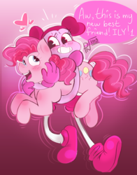 Size: 2032x2592 | Tagged: safe, artist:glamourcoffee, pinkie pie, earth pony, gem (race), pony, g4, spoiler:steven universe, spoiler:steven universe: the movie, carrying, default spinel, dialogue, duo, duo female, female, gradient background, high res, holding a pony, mare, pink, similarities, spinel (steven universe), spoilers for another series, steven universe, steven universe: the movie