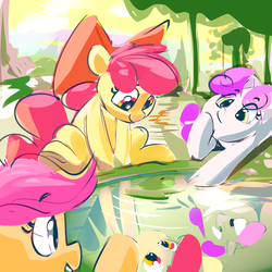 Size: 2000x2000 | Tagged: safe, artist:dimfann, apple bloom, scootaloo, sweetie belle, earth pony, frog, pegasus, pony, unicorn, g4, bow, cutie mark crusaders, female, filly, hair bow, high res, lilypad, pond, reflection, trio, water