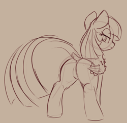 Size: 892x872 | Tagged: safe, artist:yoditax, blossomforth, pegasus, pony, dock, featureless crotch, female, lidded eyes, looking back, monochrome, sketch, solo