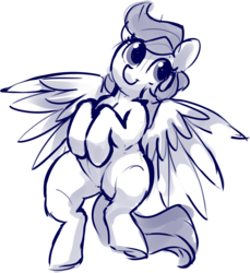 Size: 1776x1937 | Tagged: safe, artist:dimfann, oc, oc only, pegasus, pony, anatomically incorrect, female, hooves to the chest, human shoulders, mare, monochrome, on back, simple background, sketch, smiling, solo, spread wings, white background, wings