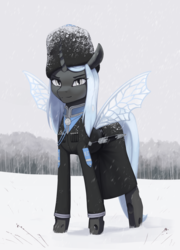 Size: 2345x3256 | Tagged: safe, artist:mrscroup, oc, oc only, oc:queen venyx, changeling, changeling queen, blue changeling, changeling queen oc, cossack, cyrillic, female, high res, russian, smiling, snow, solo
