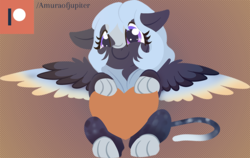 Size: 1000x631 | Tagged: safe, artist:tiothebeetle, oc, oc only, pony, abstract background, cat tail, colored wings, commission, cute, female, floppy ears, heart, holding heart, lineless, multicolored wings, patreon, patreon logo, patreon reward, paws, spread wings, wings, your character here