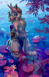 Size: 2480x3858 | Tagged: safe, artist:holivi, oc, oc only, oc:miorjah, unicorn, anthro, anthro oc, commission, female, flower, high res, mare, solo, water