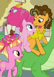 Size: 479x678 | Tagged: safe, screencap, cheese sandwich, gummy, luster dawn, pinkie pie, earth pony, pony, unicorn, g4, the last problem, cropped, cuddling, female, husband and wife, it happened, looking at each other, male, mare, older, older cheese sandwich, older cheesepie, older gummy, older pinkie pie, open mouth, pony history, raised hoof, ship:cheesepie, shipping, stallion, straight