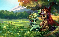 Size: 2390x1500 | Tagged: safe, artist:nancy-05, lyra heartstrings, oc, oc:streamsound, pony, unicorn, g4, canon x oc, crepuscular rays, duo, female, field, floral head wreath, flower, flower field, glowing horn, grass, hat, horn, looking at each other, magic, male, mare, mountain, outdoors, scenery, smiling, stallion, straight, summer, tree, under the tree