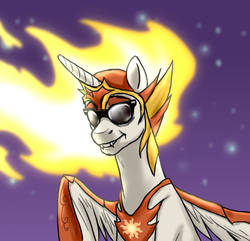 Size: 1000x962 | Tagged: safe, artist:not-ordinary-pony, derpibooru exclusive, daybreaker, princess celestia, alicorn, pony, g4, female, mane of fire, mare, reference, smiling, solo, sunglasses