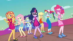 Size: 1920x1080 | Tagged: safe, screencap, applejack, fluttershy, pinkie pie, rainbow dash, rarity, sci-twi, sunset shimmer, twilight sparkle, equestria girls, g4, i'm on a yacht, my little pony equestria girls: better together, female, humane five, humane seven, humane six, luxe deluxe, sleeveless