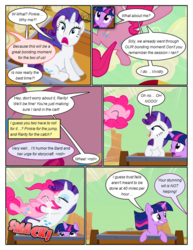 Size: 612x792 | Tagged: safe, artist:newbiespud, edit, edited screencap, screencap, pinkie pie, rarity, twilight sparkle, earth pony, pony, unicorn, comic:friendship is dragons, g4, the last roundup, carriage, comic, dialogue, ducking, eyes closed, falling, female, jumping, looking down, looking up, mare, offscreen character, onomatopoeia, screencap comic, shocked, smiling, unicorn twilight