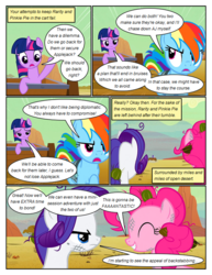 Size: 612x792 | Tagged: safe, artist:newbiespud, edit, edited screencap, screencap, pinkie pie, rainbow dash, rarity, twilight sparkle, earth pony, pegasus, pony, unicorn, comic:friendship is dragons, g4, the last roundup, angry, annoyed, carriage, comic, desert, dialogue, eyes closed, female, frown, grin, injured, mare, messy mane, running, screencap comic, smiling, unicorn twilight