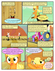Size: 612x792 | Tagged: safe, artist:newbiespud, edit, edited screencap, screencap, applejack, caboose, evening star, full steam, john bull, promontory, earth pony, pony, comic:friendship is dragons, g4, the last roundup, background pony, carriage, comic, desert, dialogue, female, freckles, grin, harness, hat, implied fluttershy, implied pinkie pie, implied rainbow dash, implied rarity, implied twilight sparkle, male, mare, screencap comic, sitting, smiling, stallion, tack, train, train tracks, worried