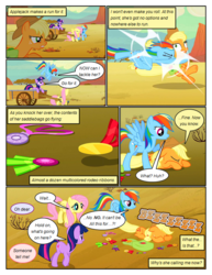 Size: 612x792 | Tagged: safe, artist:newbiespud, edit, edited screencap, screencap, applejack, fluttershy, rainbow dash, twilight sparkle, earth pony, pegasus, pony, unicorn, comic:friendship is dragons, g4, the last roundup, angry, carriage, comic, desert, dialogue, eyes closed, faceplant, female, flying, freckles, hat, hooves, horn, implied pinkie pie, looking up, lying, mare, medal, onomatopoeia, raised hoof, saddle bag, screencap comic, shocked, tackle, unicorn twilight, wings