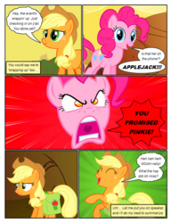 Size: 612x792 | Tagged: safe, artist:newbiespud, edit, edited screencap, screencap, applejack, pinkie pie, earth pony, pony, comic:friendship is dragons, g4, the last roundup, alternate eye color, angry, apple tree, comic, cowboy hat, desert, dialogue, female, freckles, frown, hat, hooves, mare, open mouth, rearing, saddle bag, screencap comic, smiling, tree