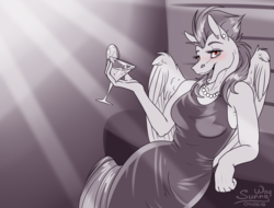 Size: 1316x1000 | Tagged: safe, artist:sunny way, stormy flare, pegasus, anthro, rcf community, g4, bar, beautisexy, blushing, clothes, cougar, dress, female, mare, milf, older, patreon, patreon reward, sexy, solo, wings