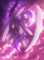 Size: 1980x2700 | Tagged: safe, artist:shad0w-galaxy, oc, oc only, oc:laconic nocturne, pegasus, pony, cloud, commission, eyes closed, flying, galaxy, lens flare, smiling, solo, stars, sunset