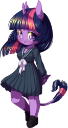 Size: 714x1347 | Tagged: safe, artist:kittehkatbar, twilight sparkle, unicorn, anthro, g4, chibi, clothes, cute, female, hands behind back, leonine tail, looking at you, mare, school uniform, simple background, solo, transparent background, twiabetes, unicorn twilight