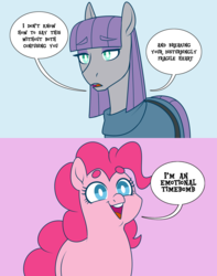 Size: 1280x1622 | Tagged: safe, artist:petalierre, maud pie, pinkie pie, earth pony, pony, g4, 2 panel comic, blue background, comic, dialogue, duo, female, irrational exuberance, mare, pink background, red vs blue, siblings, simple background, sisters, smiling, speech bubble