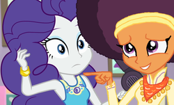 Size: 4000x2419 | Tagged: safe, edit, editor:ktd1993, rarity, saffron masala, do it for the ponygram!, equestria girls, g4, my little pony equestria girls: better together, afro, alternate hairstyle, female, geode of empathy, geode of shielding, geode of sugar bombs, geode of super speed, geode of super strength, geode of telekinesis, hair dryer, lesbian, magical geodes, pinkie pie hair, raffron, shipping