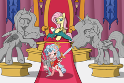 Size: 1800x1200 | Tagged: safe, artist:anonpotato, artist:skitter, edit, cozy glow, discord, fluttershy, princess celestia, princess luna, cockatrice, pegasus, pony, g4, a better ending for cozy, bad end, carpet, crown, decapitated, drawthread, evil fluttershy, jewelry, petrification, rearing, red carpet, regalia, revenge, severed head, sitting, standing, sword, throne, throne room, weapon