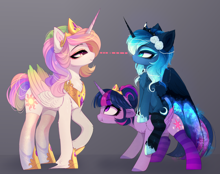 2137944 - safe, artist:magnaluna, princess celestia, princess luna, twilight  sparkle, alicorn, pony, alternate hairstyle, chest fluff, clothes, crown,  cute, ear fluff, eye contact, female, flower, flower in hair, height  difference, jewelry, looking