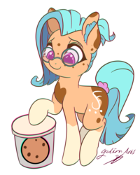 Size: 4000x5000 | Tagged: safe, artist:galinn-arts, oc, oc:galinn light, earth pony, pony, colored, cookie, ear fluff, flat colors, food, glasses, markings, ponytail, purple eyes, simple background, transparent background